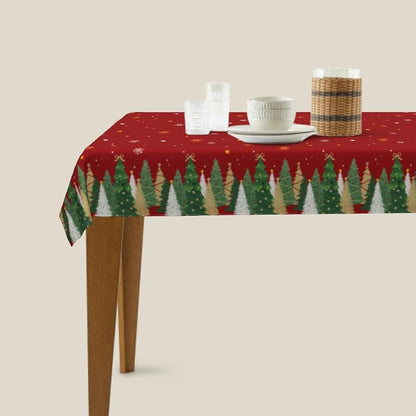 Red 60x120 Inch Christmas Tablecloth - Snowflake & Tree Print, Rectangular