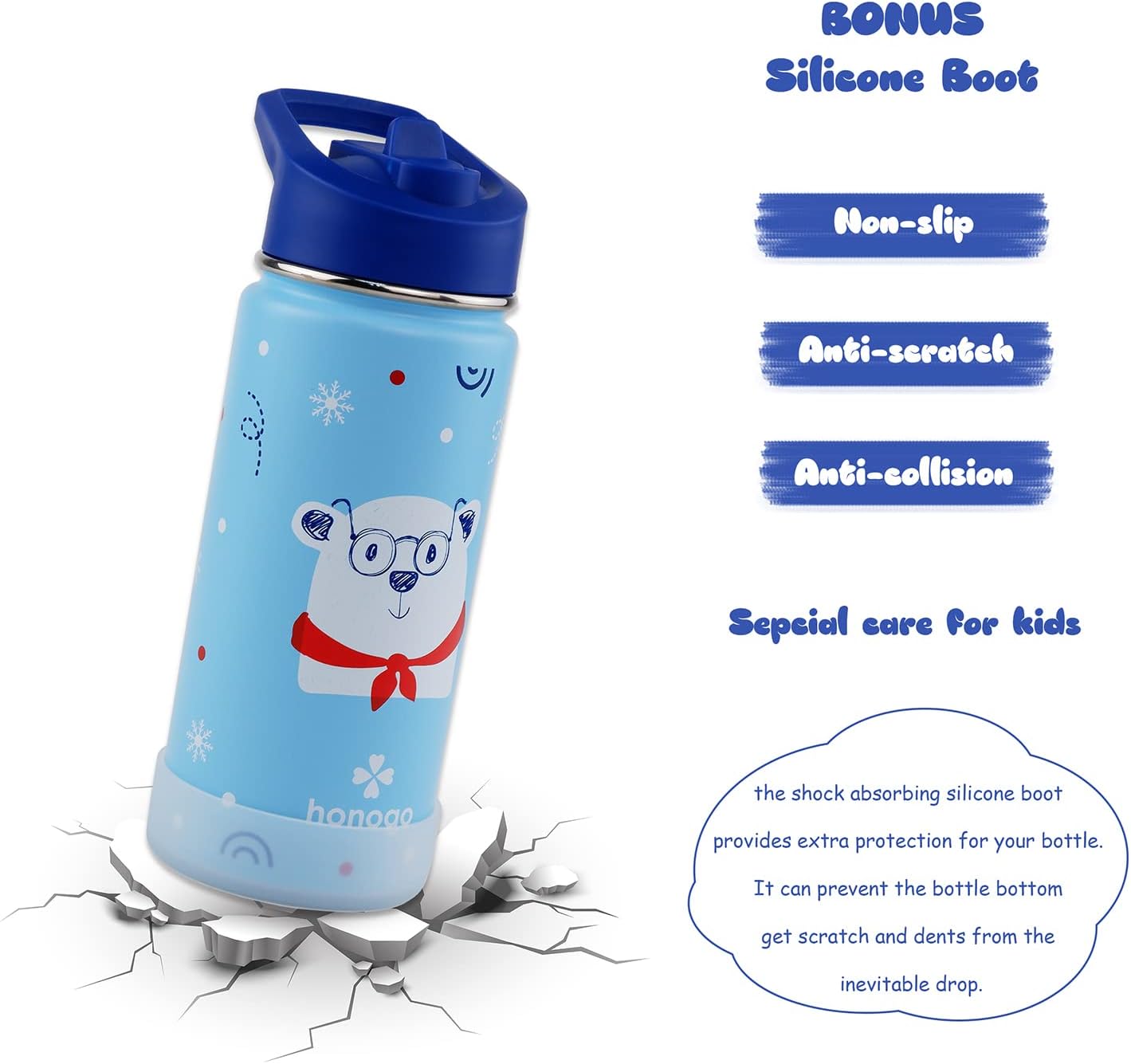 Skiennix 16 oz Stainless Steel Insulated Kids Water Bottle - Leak Proof Thermal Flask with Straw Lid | Cute Blue Bear Design for School