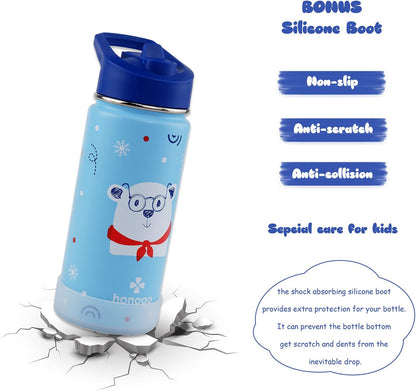 Skiennix 16 oz Stainless Steel Insulated Kids Water Bottle - Leak Proof Thermal Flask with Straw Lid | Cute Blue Bear Design for School