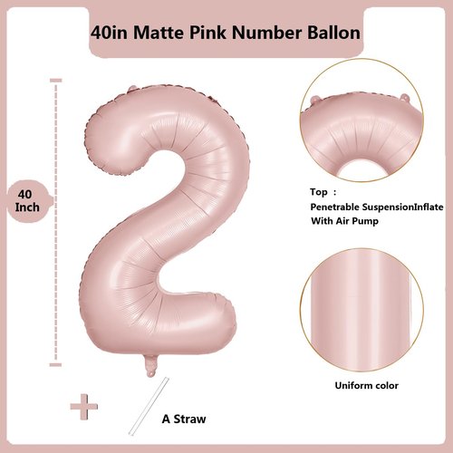 40 inch Pink Number Balloon Light Pink 2 Balloon Matte Pink Number 2 Balloon for 2nd Birthday Party Decorations