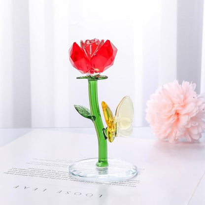 LONGWIN Crystal Red Rose Flower Figurine - Elegant Glass Spring Bouquet Home Decor Gift for Her