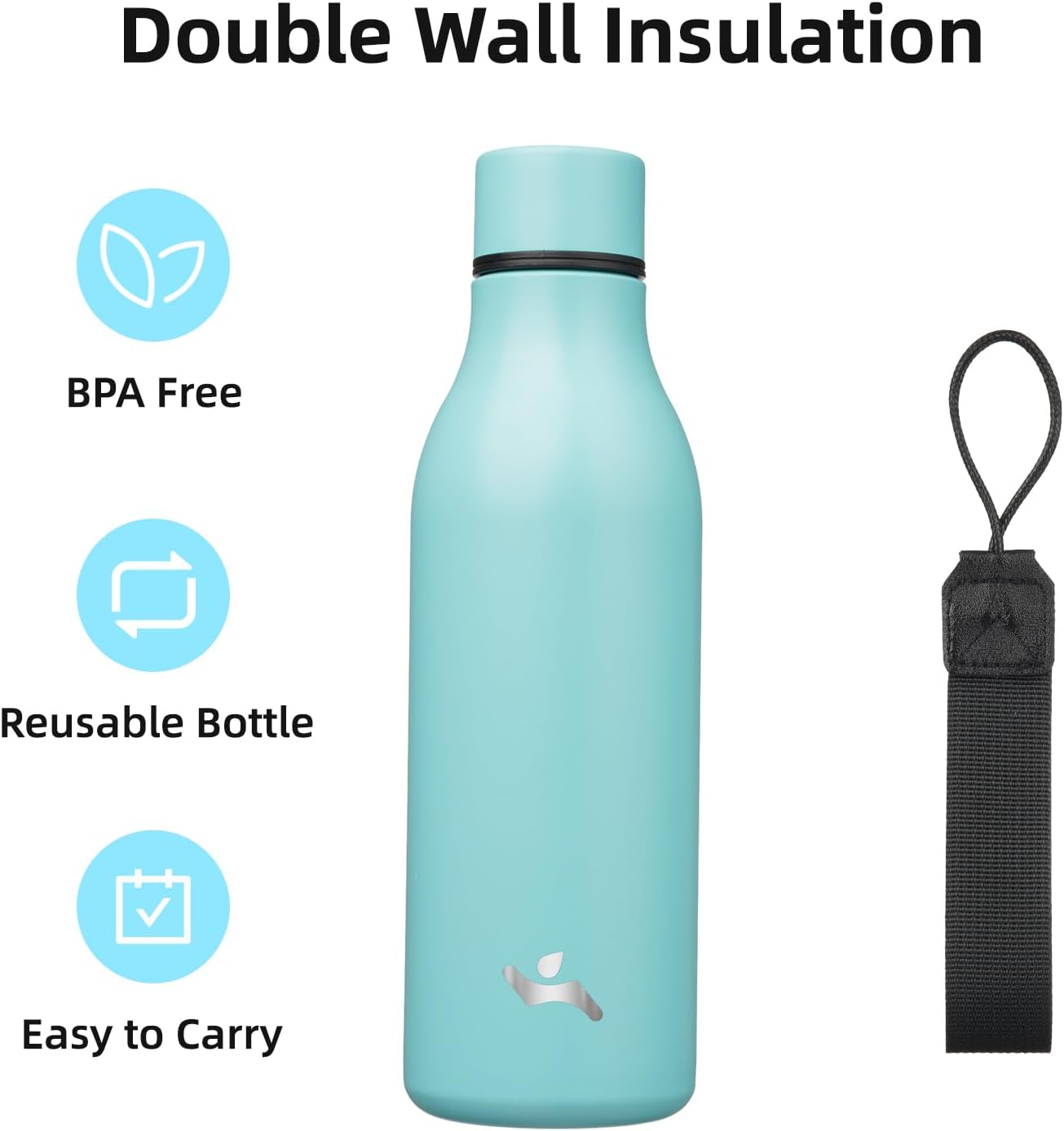 Skiennix Insulated Water Bottle - 18 oz Double Wall Stainless Steel Flask with Strap | Turquoise