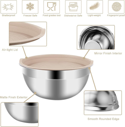 WEPSEN Mixing Bowls Set - 25PCS Khaki Stainless Steel Bowls With Lids | Large 7QT to 1.5QT Sizes for Cooking & Serving