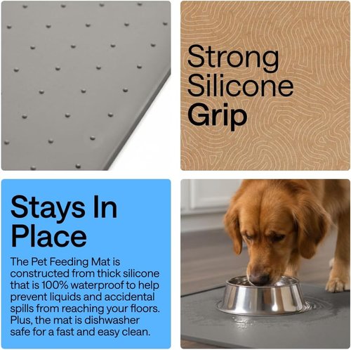 GORILLA GRIP Waterproof Silicone Pet Feeding Mat - 100% BPA Free, Spill Containment, 18.5x11.5 Gray