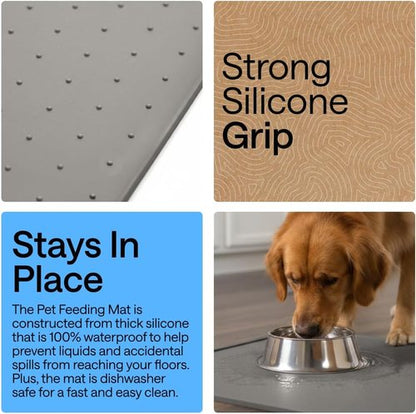 GORILLA GRIP Waterproof Silicone Pet Feeding Mat - 100% BPA Free, Spill Containment, 18.5x11.5 Gray