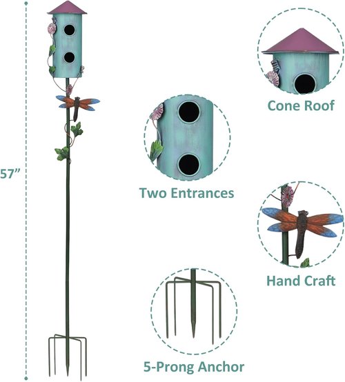BAYN 57” Metal Birdhouse Stake - Double-Hole Wild Bird Feeder with Cylinders Design for Outdoor Decor
