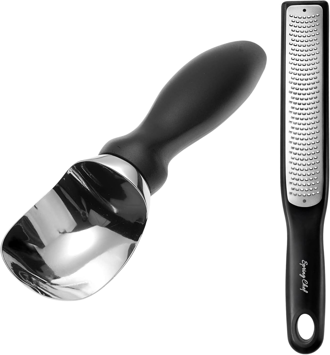 Spring Chef Premium Ice Cream Scoop & Stainless Steel Zester | 2-Piece Bundle in Black