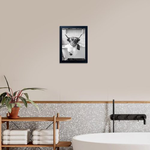 Highland Cow Bathroom Decor - Funny Farmhouse Canvas Print of Cow in Bathtub | Black & White Wall Art