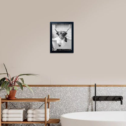 Highland Cow Bathroom Decor - Funny Farmhouse Canvas Print of Cow in Bathtub | Black & White Wall Art