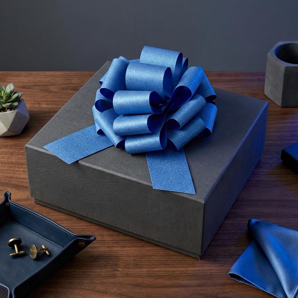 Skiennix Large Royal Blue Pull Bow - 14 Inch Glitter Ribbon for Gifts, Parties & Home Decor