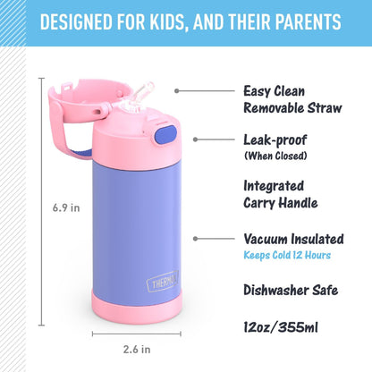 THERMOS FUNTAINER Water Bottle - 12 Ounce Kids Stainless Steel Insulated Bottle with Straw - Purple/Pink
