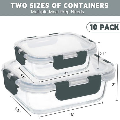 KAMOTA Glass Food Storage Containers, 10 Pack Glass Meal Prep Containers, Airtight Containers with Snap-Lock Lids, 34 oz and 13 oz gray Container Set with Lids, for Microwave/Oven/Freezer/Dishwasher