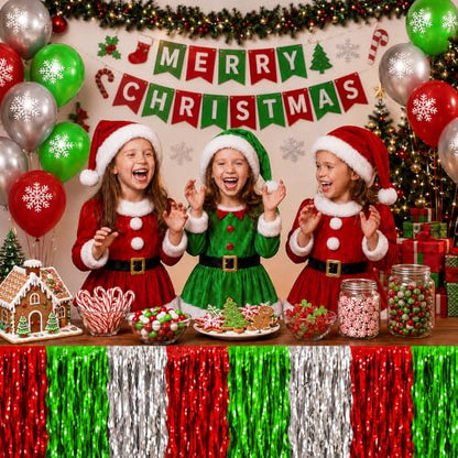 Christmas Decorations - 2 Pack Red Green White Wavy Foil Table Skirts