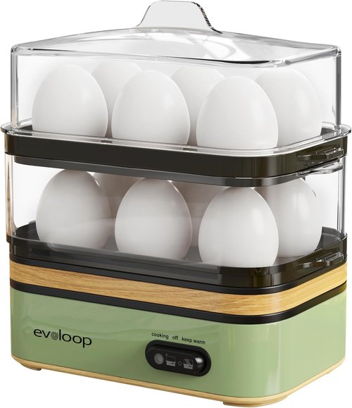Evoloop Rapid Egg Cooker - Electric 12 Egg Capacity | Soft, Medium, Hard Boiled & Poached Eggs, BPA-Free Green Tray
