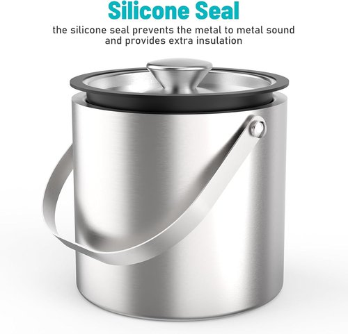 3L Stainless Steel Ice Bucket, Double Wall Insulated Ice Bucket with Lid, Drain Plate, Scoop, Tong for Parties Cocktail Bar