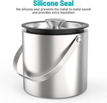 3L Stainless Steel Ice Bucket, Double Wall Insulated Ice Bucket with Lid, Drain Plate, Scoop, Tong for Parties Cocktail Bar