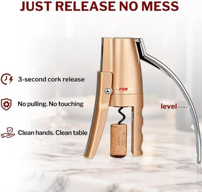 Forge Quality Compact Vertical Lever Corkscrew Wine Opener with Foil Cutter. 3 Seconds to Open a Bottle of Wine. Champagne Gold.