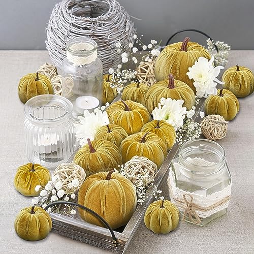 Artificial Velvet Pumpkins Set - Yellow Olive, 16 Pieces Fall Decor