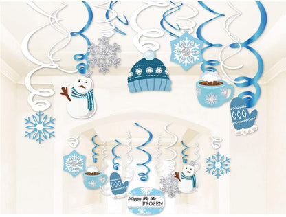Skiennix Christmas Snowman & Snowflake Hanging Swirl Decorations - 30 Count for Festive Home & Office Decor