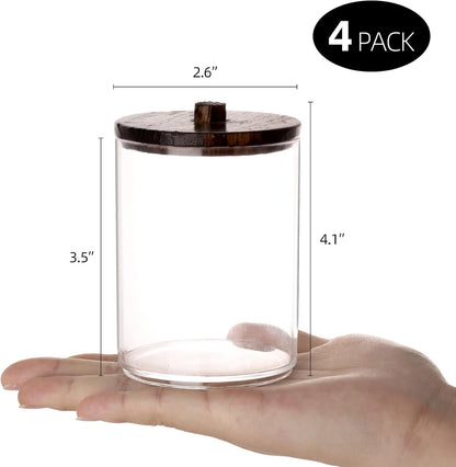Tbestmax Qtip Holder Bathroom Set - 4 Pack Clear Plastic Organizers with Wood Lids | 10 oz Apothecary Jars for Cotton Balls & Swabs