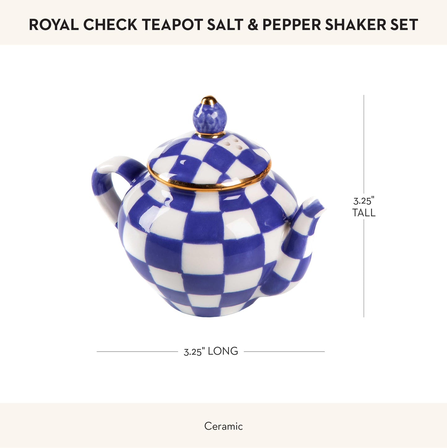 MACKENZIE-CHILDS Teapot Salt and Pepper Shaker Set, Ceramic Salt and Pepper Holders, Blue-and-White Royal Check
