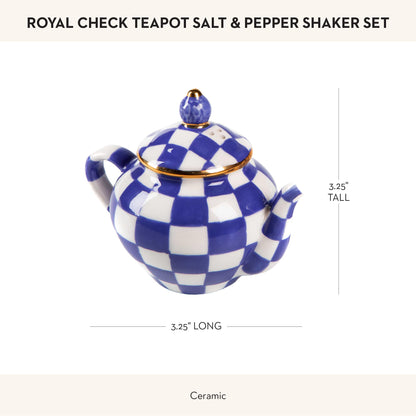 MACKENZIE-CHILDS Teapot Salt and Pepper Shaker Set, Ceramic Salt and Pepper Holders, Blue-and-White Royal Check