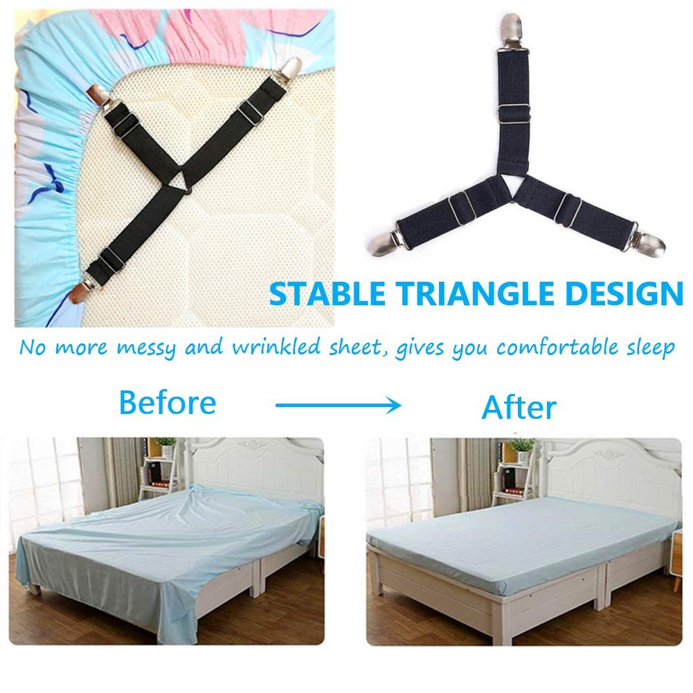 Ultrashang Sheet Straps Clip Triangle: 2-Set Elastic Fitted Bedding Sheet Fasteners Holder Suspenders for Bed Band Crib Mattress Pad Corner Gripper Bedsheet Keeper