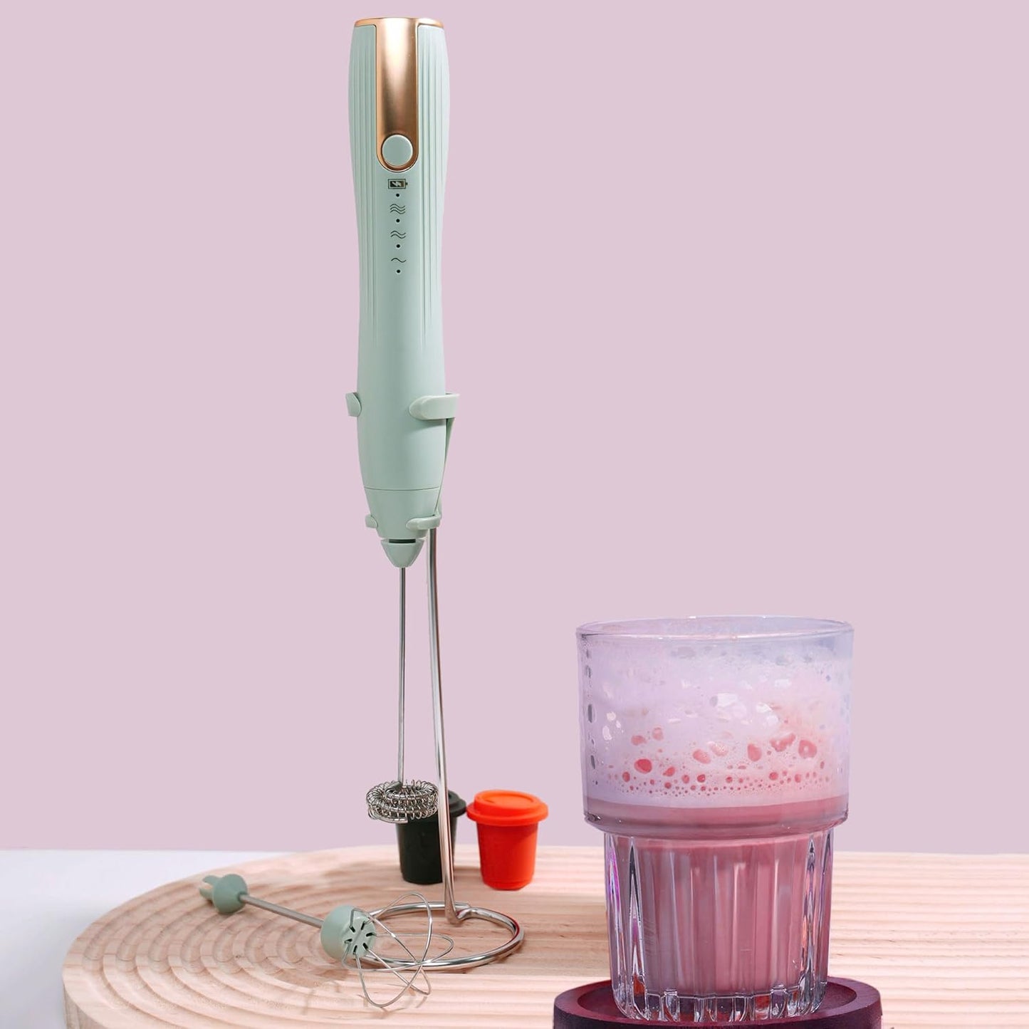 Skiennix Rechargeable Milk Frother - Handheld Coffee Foam Mixer with Stand & Detachable Whisk - Green