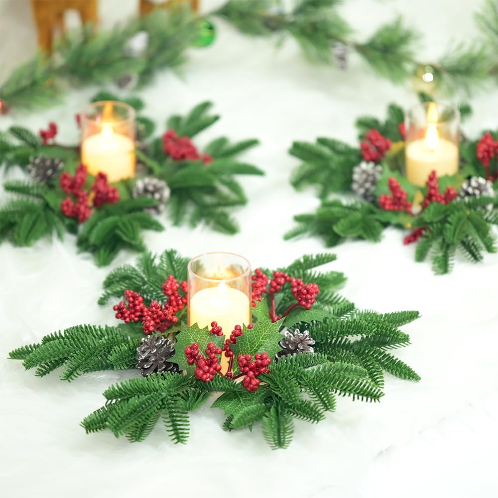 Skiennix Christmas Small Wreaths - 3Pcs 13.5-Inch Greenery Pine Candle Holder Rings for Home Decor