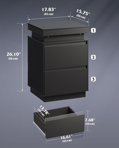 WLIVE Tall Black Nightstand - Modern Bedside Table with LED Lights & Charging Station | 2 Wooden Drawers
