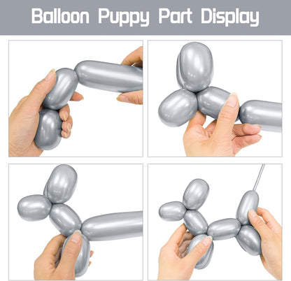 Skiennix 100Pcs Metallic Silver Long Balloons - Skinny Latex Twisting Balloons for Animal Modeling & Party Decor