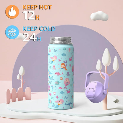 Skiennix 18oz Kids Insulated Water Bottle - BPA-Free Stainless Steel, Leak-Proof Design, Purple Mermaid