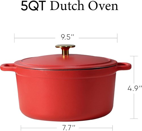 CAROTE 5QT Enameled Cast Iron Dutch Oven - Heavy-Duty Pot for Baking, Braising & Roasting | Non-Toxic Red