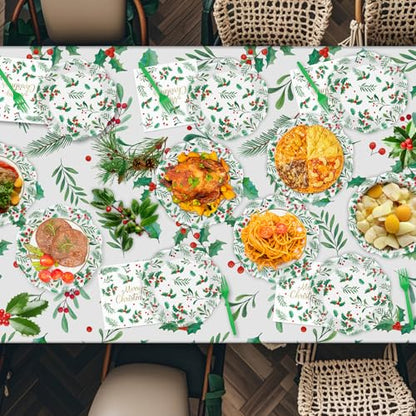 Christmas 96-Piece Disposable Tableware Set with Plates Napkins Forks - Holly Leaves Red Berries, Party Supplies, Variation: Christmas-96p