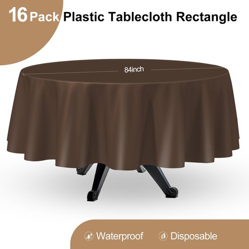 Brown 16-Pack Plastic Tablecloths by [Brand Name] - 84-Inch Disposable Round Party Covers
