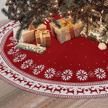 Dremisland 36 Inch Red Christmas Tree Skirt Knitted Holiday Decor with Snowflake & Reindeer