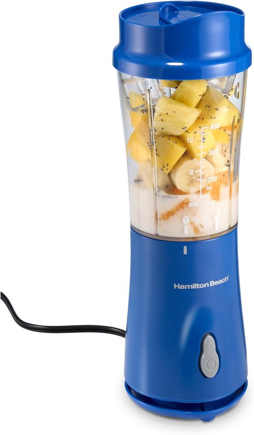 Hamilton Beach Portable Blender - 14 Oz BPA-Free Travel Cup & Lid | Durable Stainless Steel Blades, Blue
