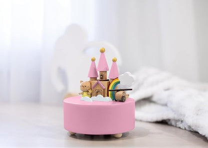 Cottage Garden Music Box - Rainbow Castle Cat Design | 5-Inch Natural Wood, Plays Brahm's Lullaby