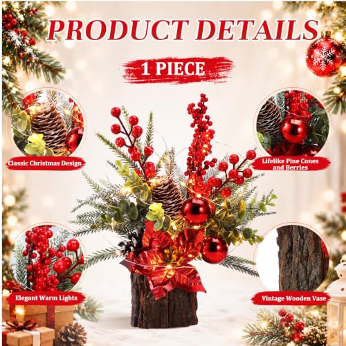 Christmas Tree Table Centerpiece with LED Lights - Red Poinsettia Variation
