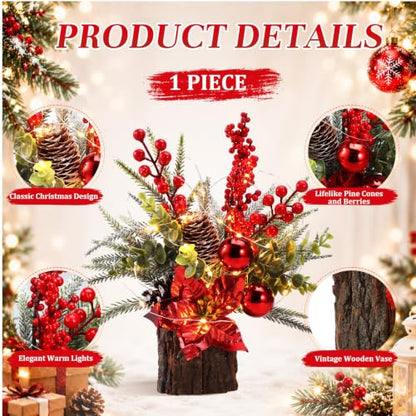 Christmas Tree Table Centerpiece with LED Lights - Red Poinsettia Variation