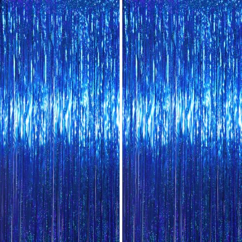 Laser Blue Foil Fringe Backdrop Curtains - 2 Pack 3.3x8.2 Feet - Variation of Laser Blue / 2