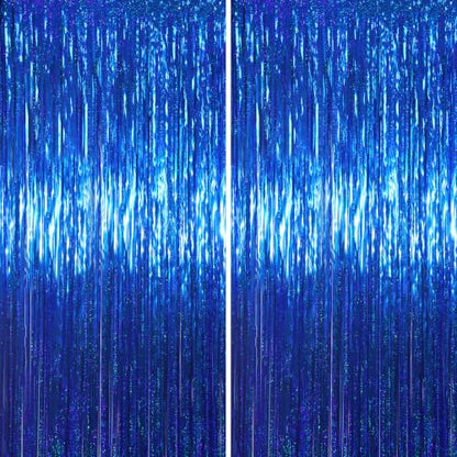 Laser Blue Foil Fringe Backdrop Curtains - 2 Pack 3.3x8.2 Feet - Variation of Laser Blue / 2