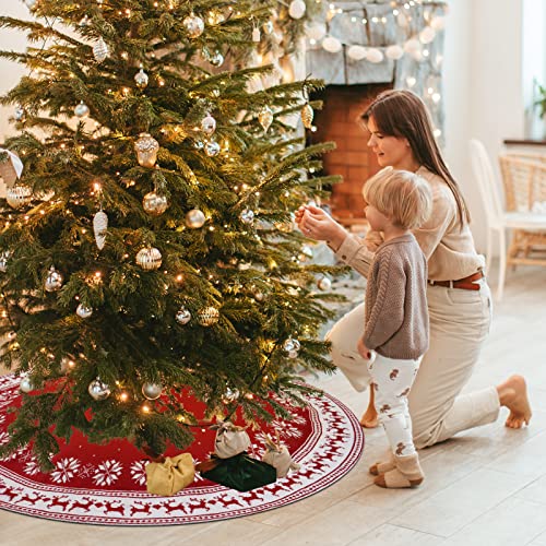 Dremisland 36 Inch Red Christmas Tree Skirt Knitted Holiday Decor with Snowflake & Reindeer