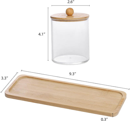 Tbestmax Cotton Swab Holder - Clear Apothecary Jar with Vanity Tray | 10 Oz, 3 Pack with Wood Lids