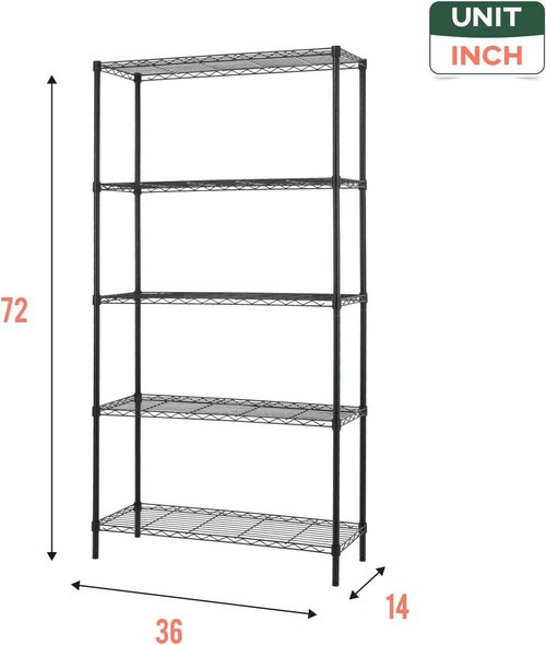 FDW Wire Shelving Unit - 5-Tier Adjustable Metal Rack for Kitchen, Garage & Pantry - Black 14" D x 36" W x 72" H