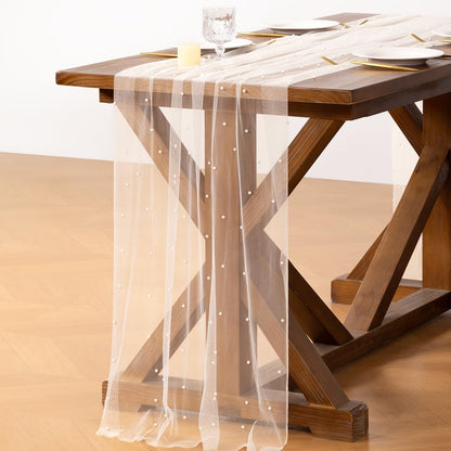 Socomi Pearl Table Runner - Elegant Tulle in Ivory White for Spring & Easter | 10FT Gauze Dining Decor