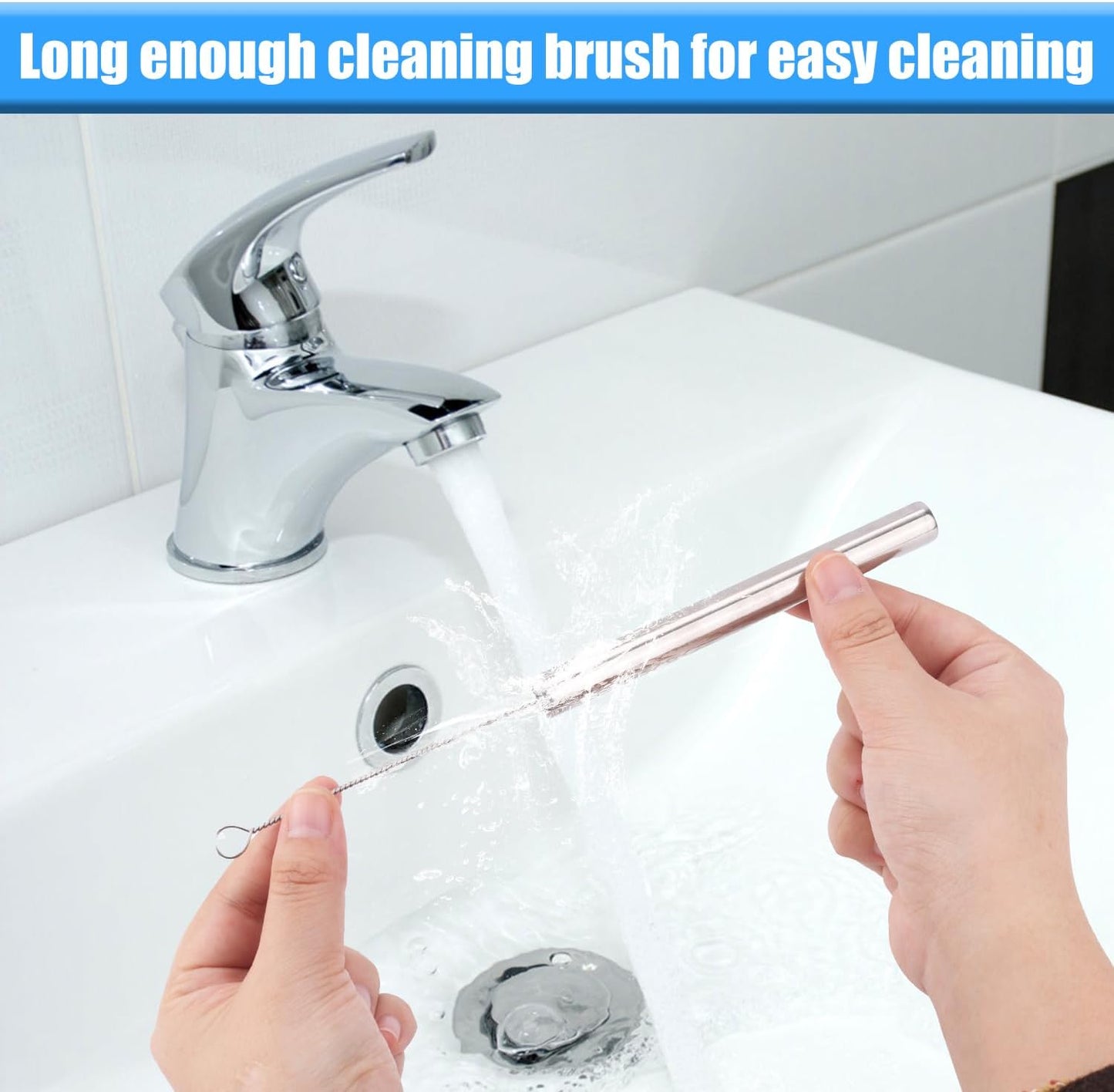Zak Designs Metal Straw Set - 8 Reusable Stainless Steel Straws with 2 Cleaning Brushes | 11.8cm/4.65in Compatible with 15oz Water Bottle