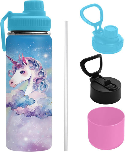 Skiennix Unicorn Water Bottle - 18oz Stainless Steel Insulated Tumbler with 2 Lids & Handle | Leak-Proof Design