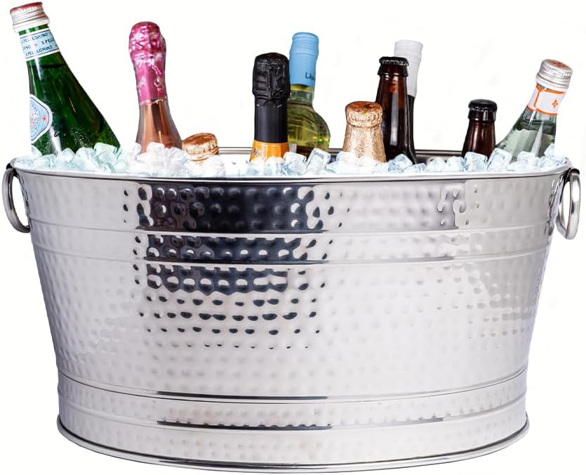 Sol Living Beverage Tub Large Ice Bucket with Handles Single Wall Stainless Steel Ice Bucket and Cooler for Wine, Drinks, Bar, Party, and Gift Beverage Cooler for Indoor and Outdoor Parties