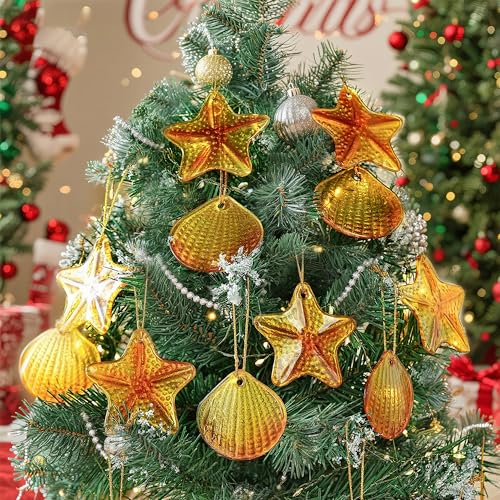 18Pcs Golden Glass Sea Shell Starfish Ornaments for Beach Party Decor